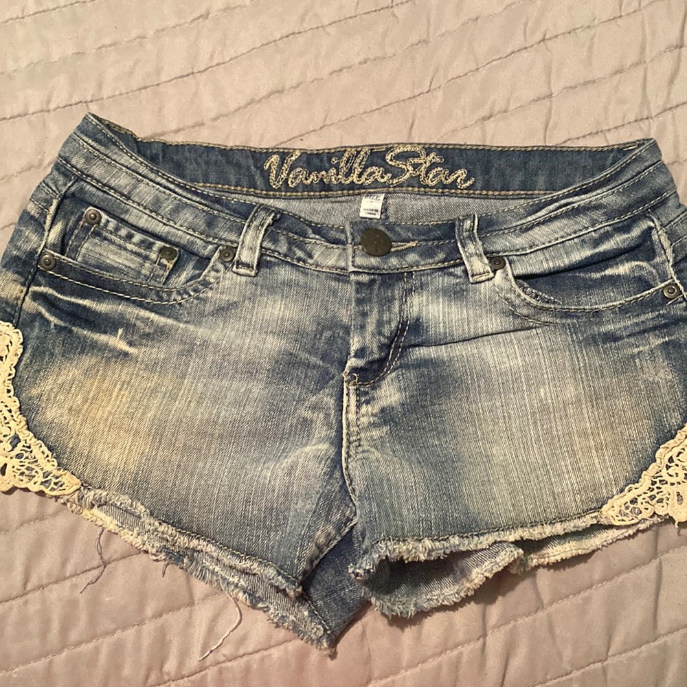 Vanilla Star Women's Jean Shorts with Lace Trim